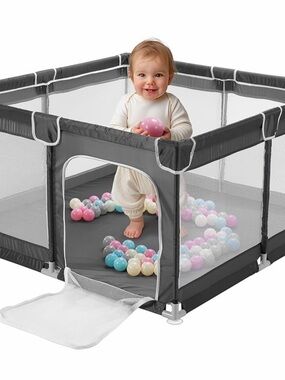 Gray Baby Playpen with Mesh Sides - Safe Toddler Play Yard